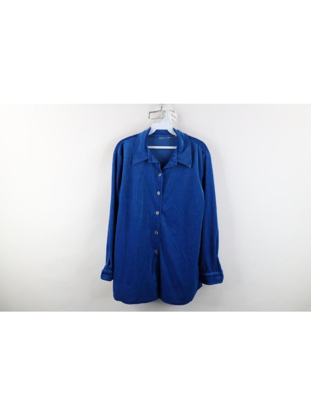 Vintage 80s 90s Streetwear Womens Large Plush Velour Collared Button Shirt Blue
